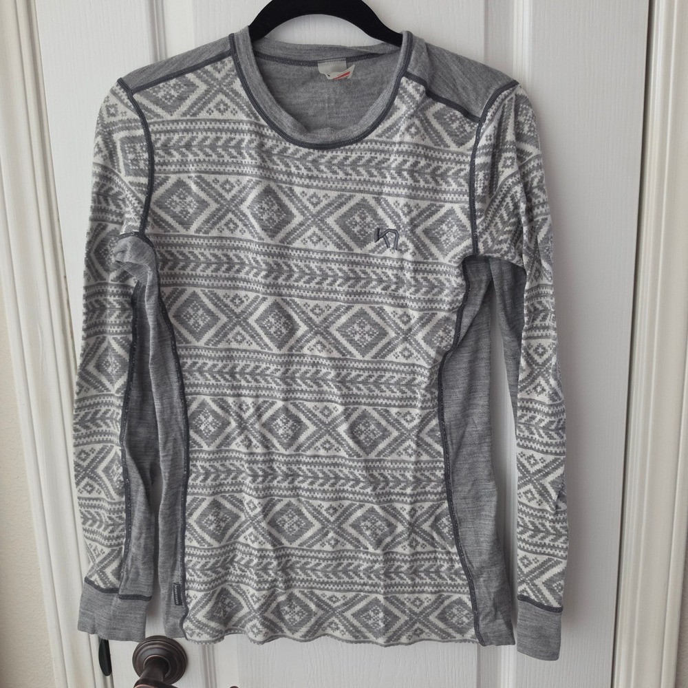 Kari Traa Womens Gray Wool Blend Fair Isle Base Layer Top Size L